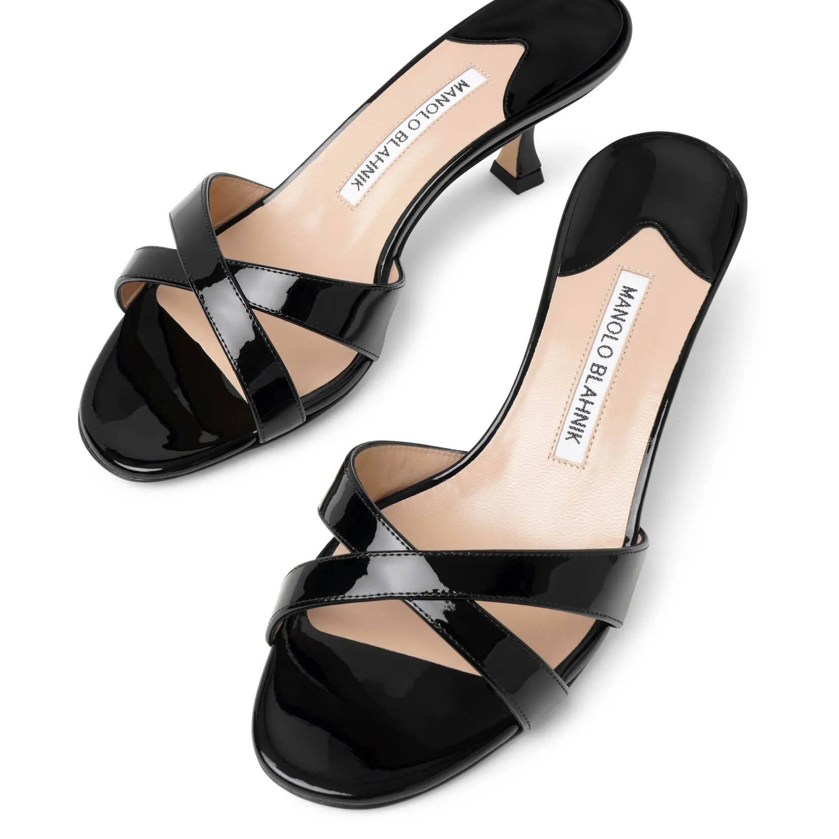 Manolo Blahnik Callamu 50 patent black mules