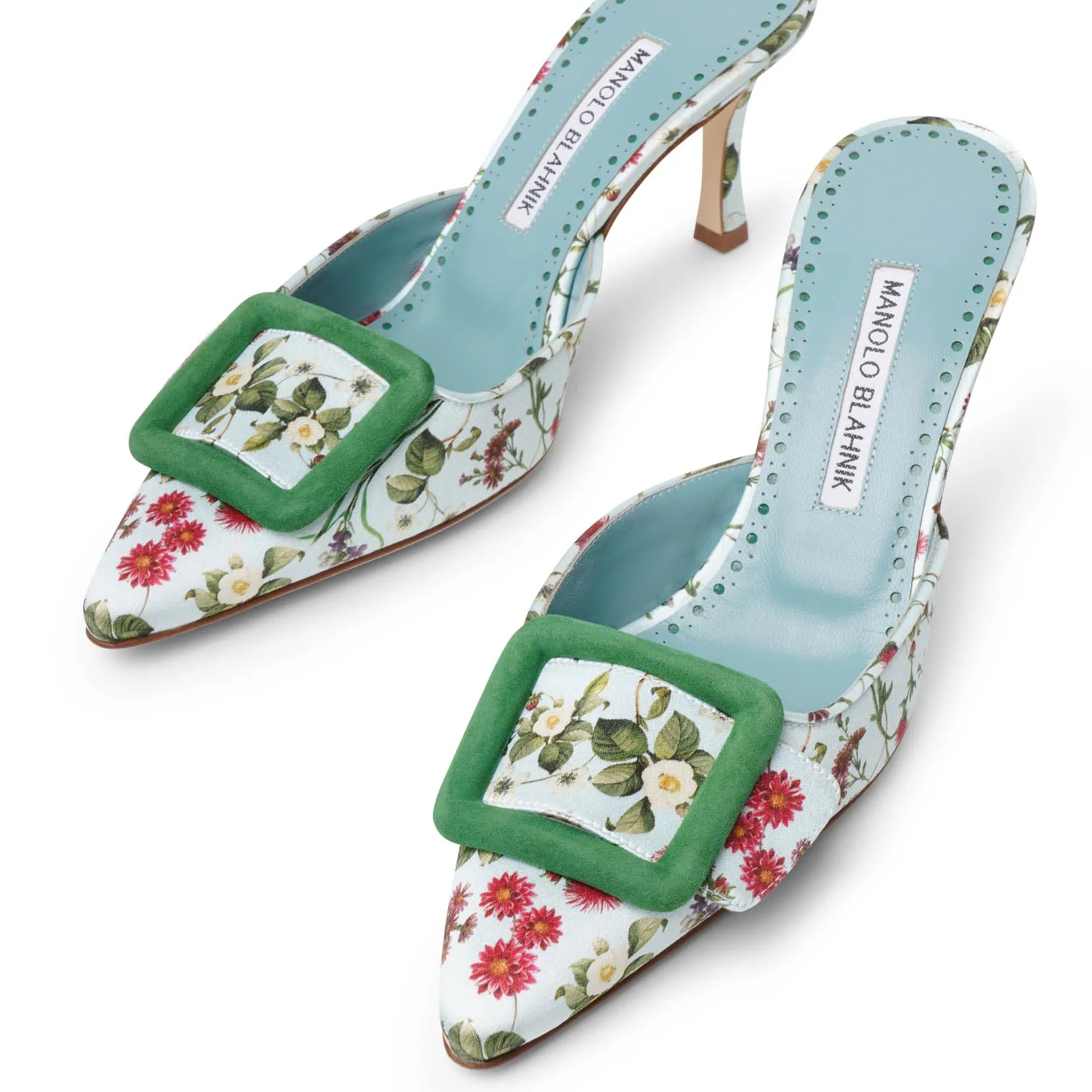 Manolo Blahnik Maysalebi 70 floral green mules