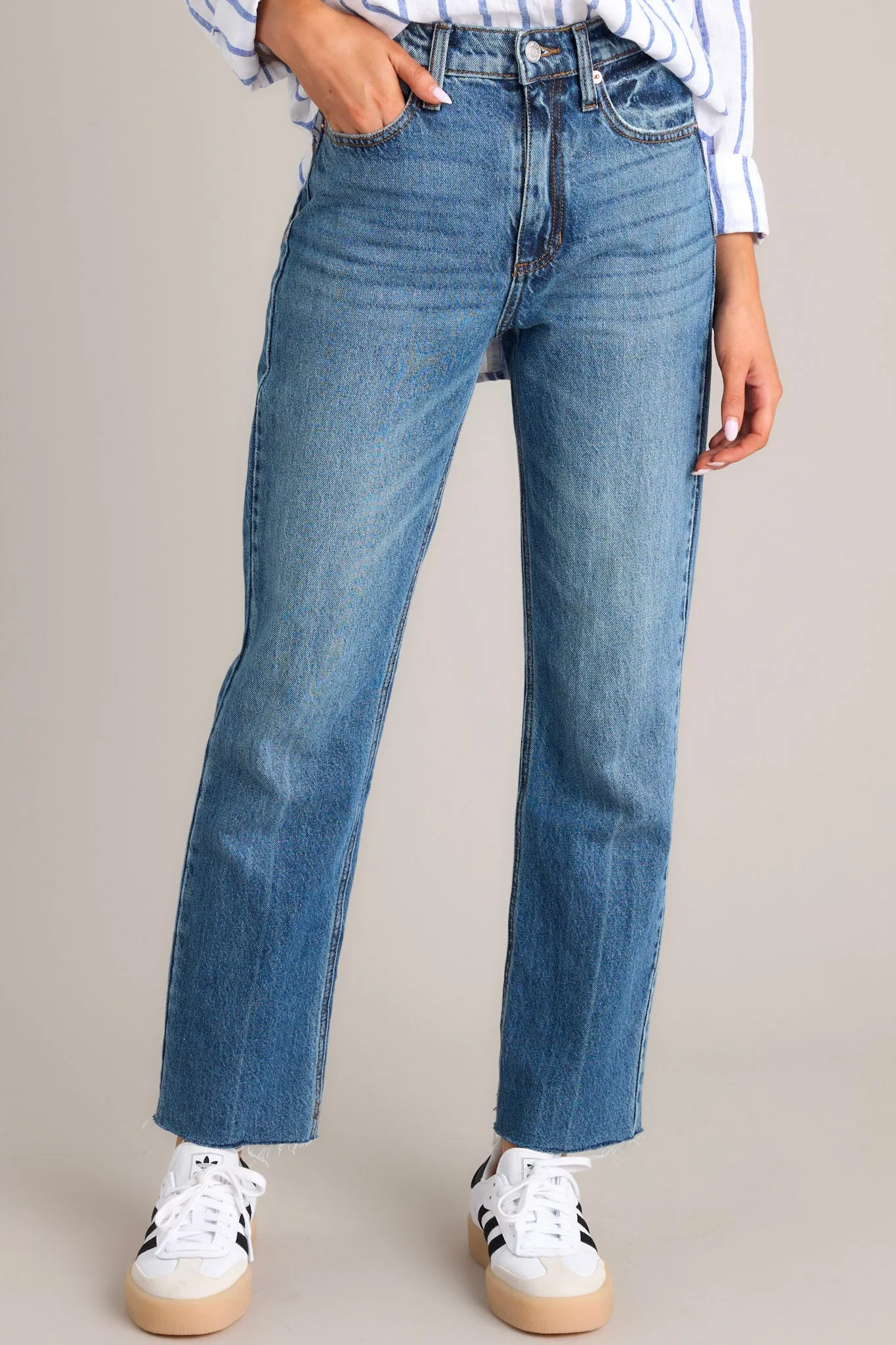 Medium Wash Raw Hem Straight Leg Jeans