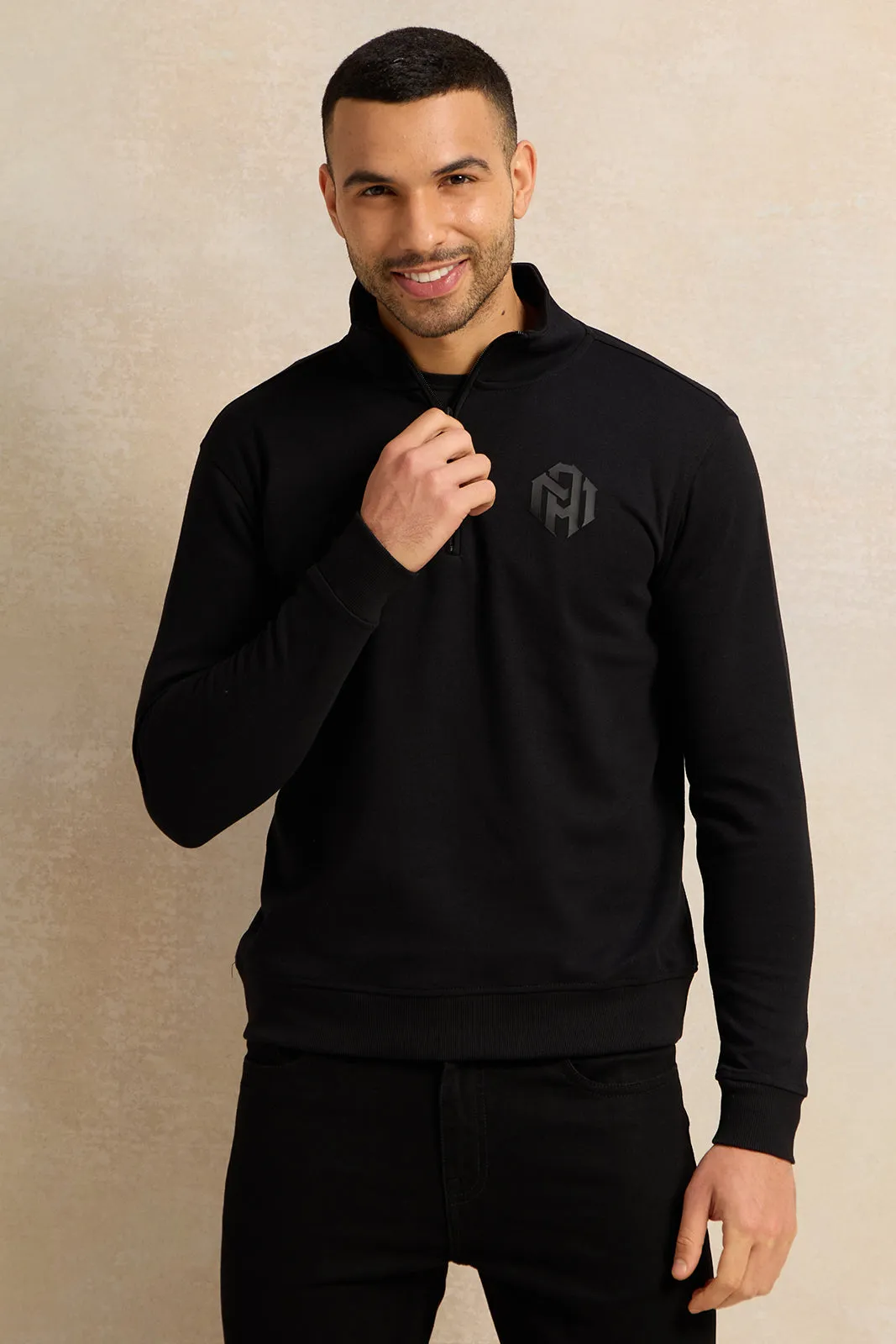 Men Black Half Zipper Pullover Sweatshirt