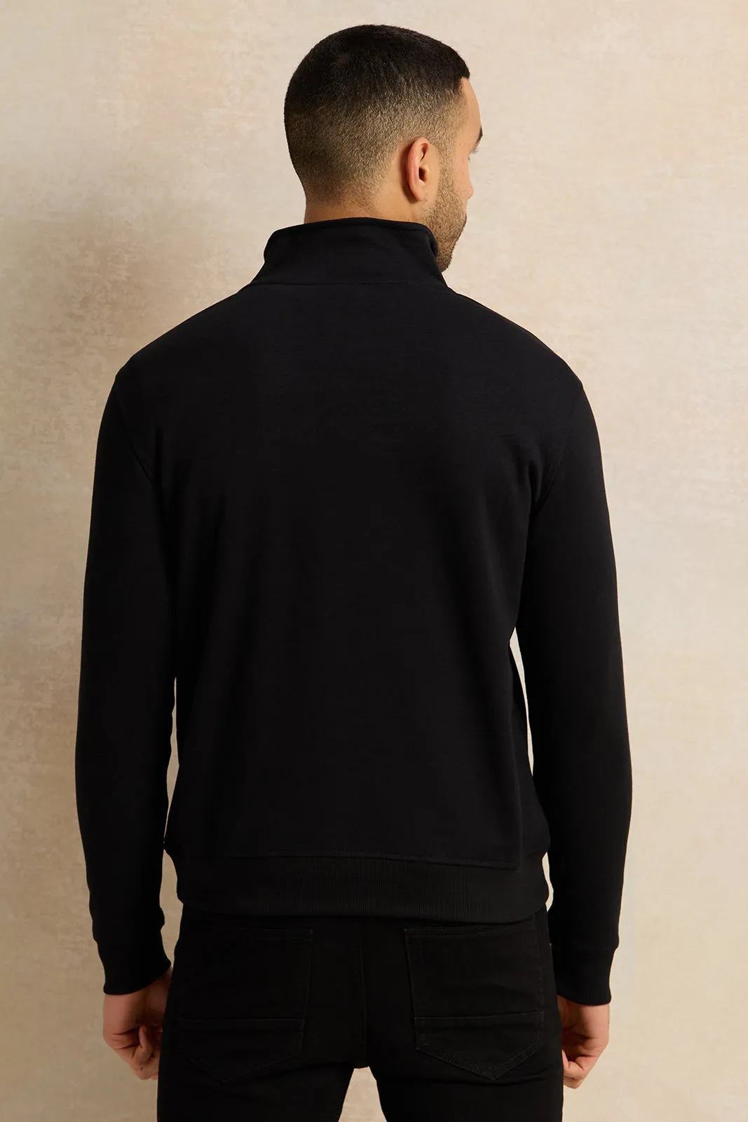 Men Black Half Zipper Pullover Sweatshirt