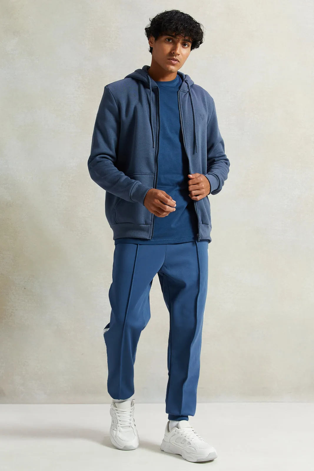 Men Blue Zip Through Hooded Sweatshirt