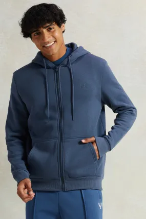 Men Blue Zip Through Hooded Sweatshirt