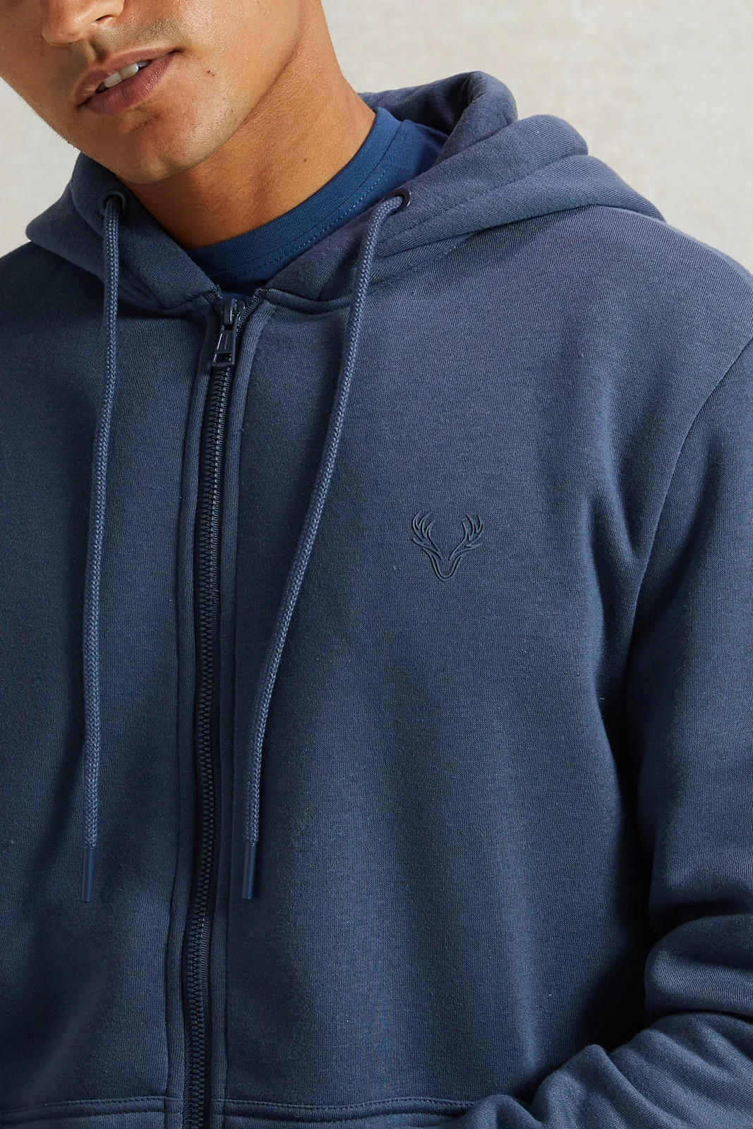 Men Blue Zip Through Hooded Sweatshirt