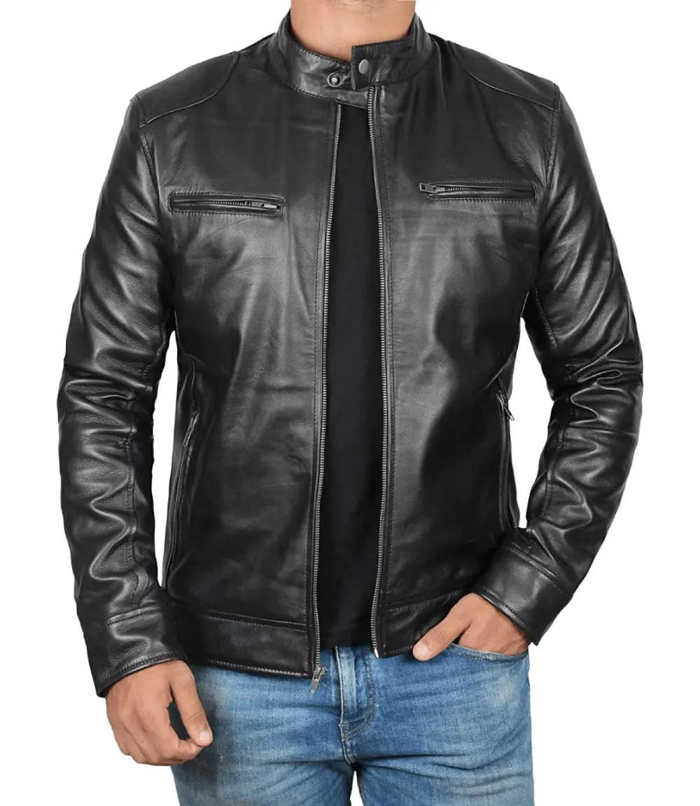 Men's Black Lambskin Leather Cafe Racer Jacket