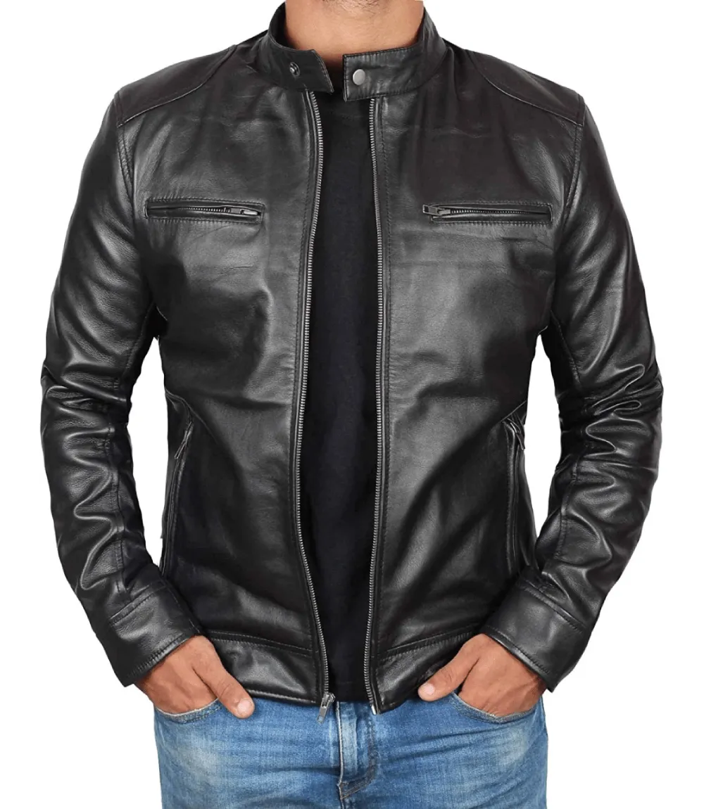 Men's Black Lambskin Leather Cafe Racer Jacket