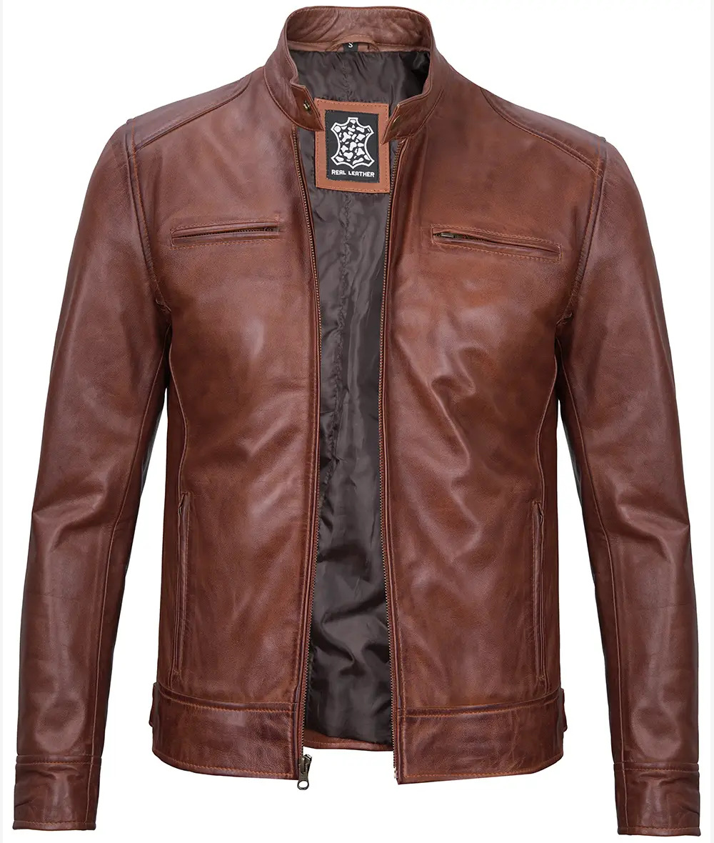 Men's Cognac Cafe Racer Leather Jacket