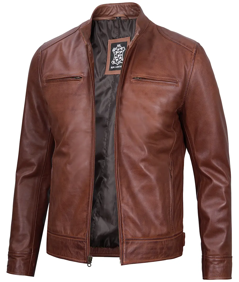 Men's Cognac Cafe Racer Leather Jacket