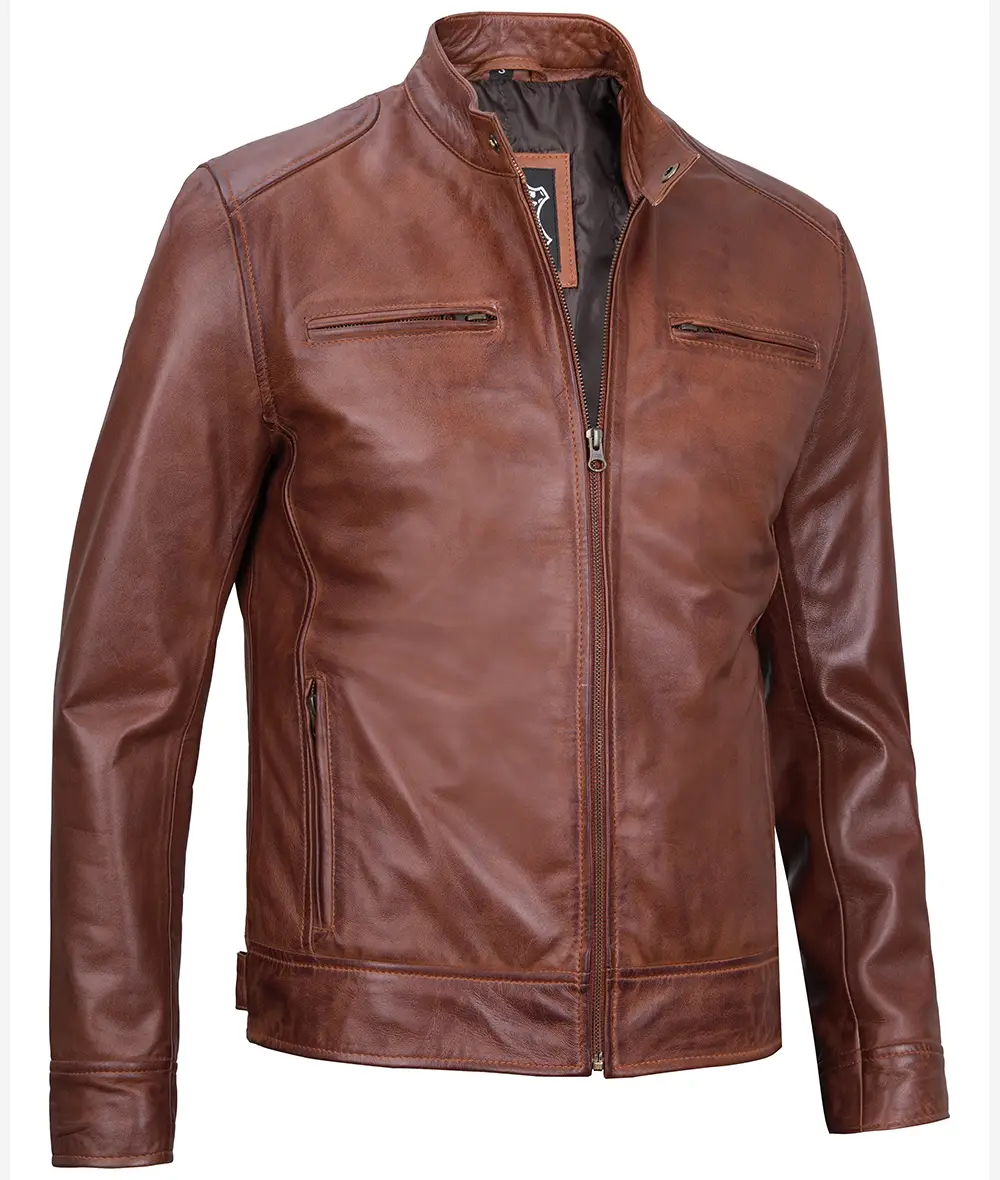 Men's Cognac Cafe Racer Leather Jacket