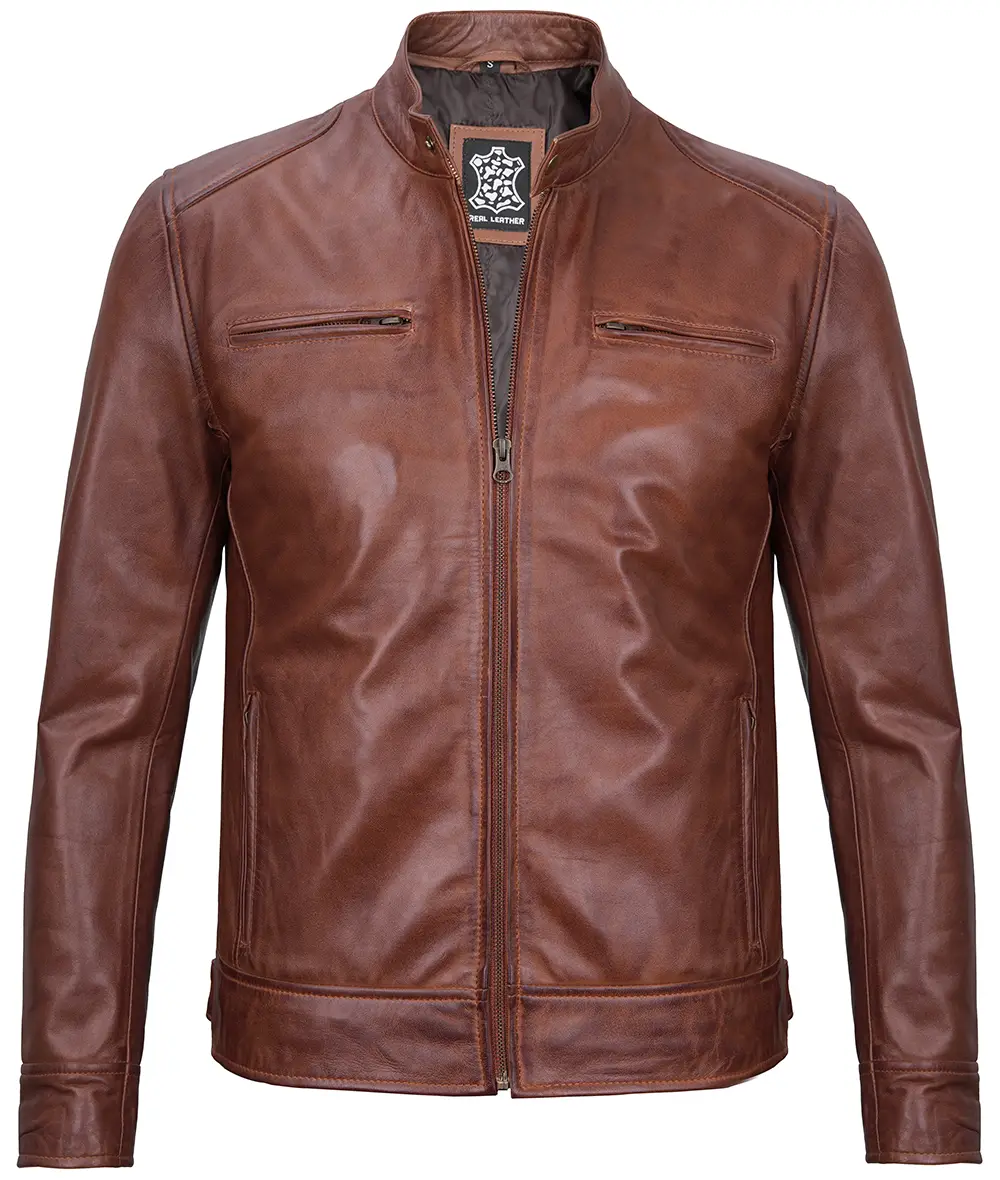 Men's Cognac Cafe Racer Leather Jacket