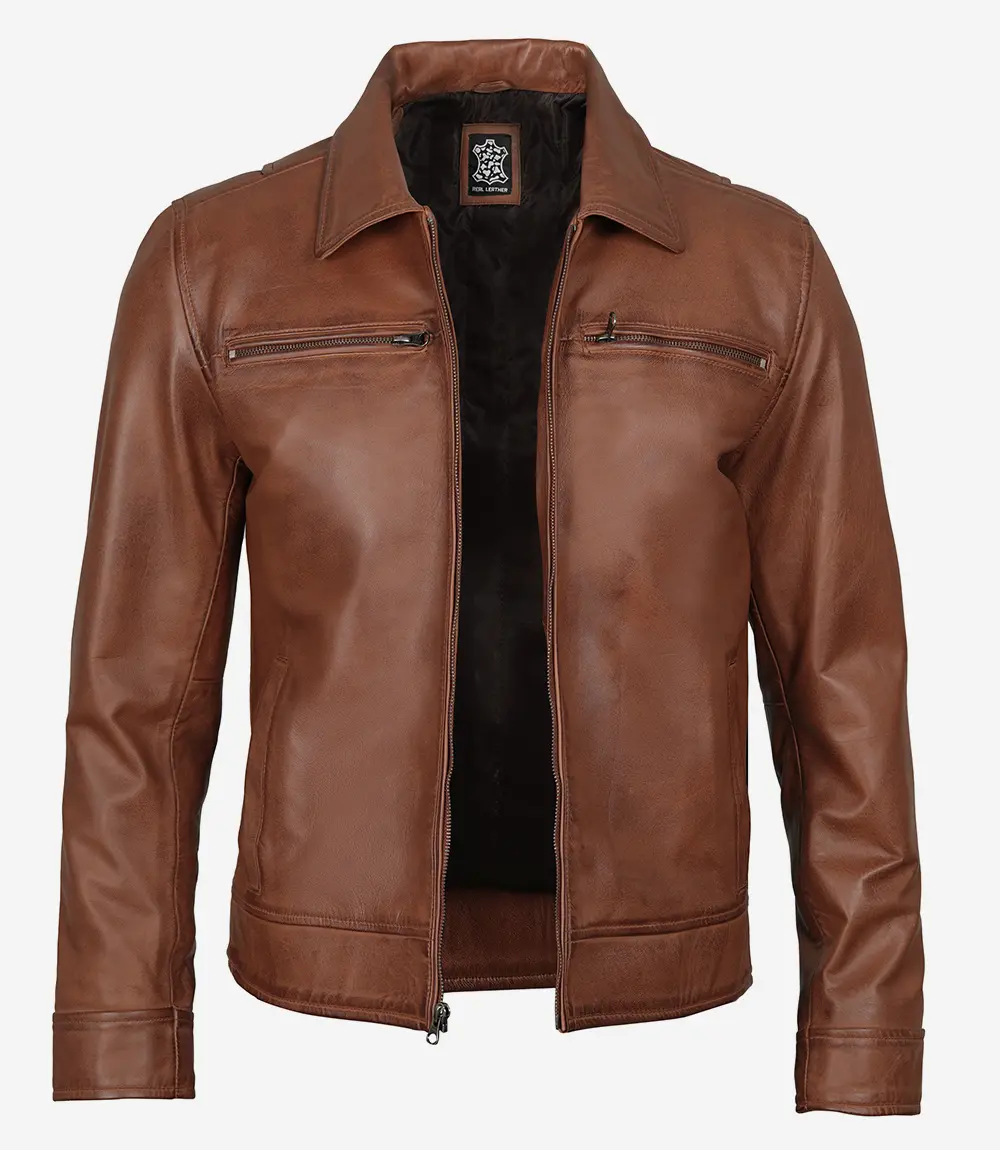 Mens Classic Shirt Collar Cognac Leather Jacket