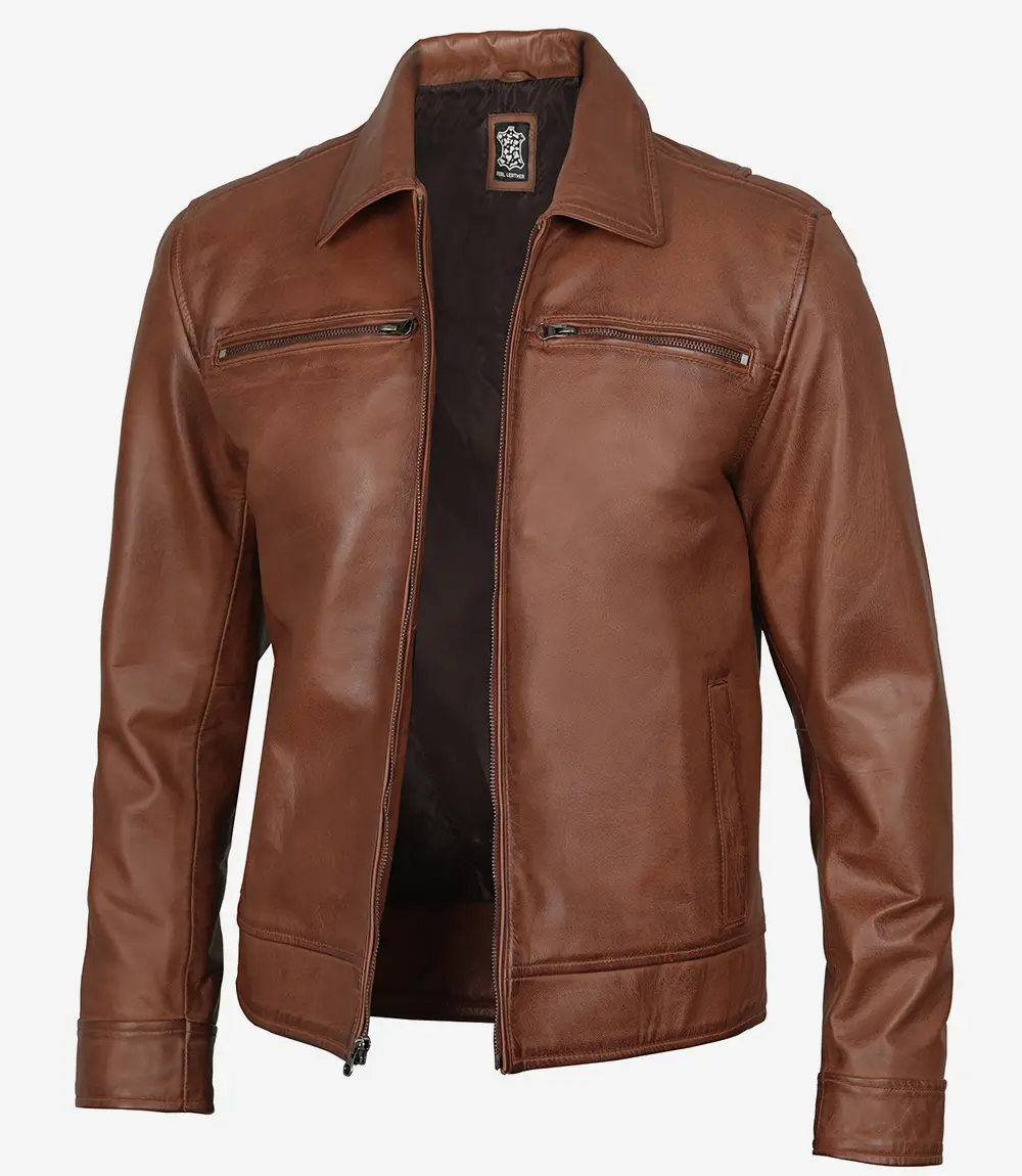 Mens Classic Shirt Collar Cognac Leather Jacket