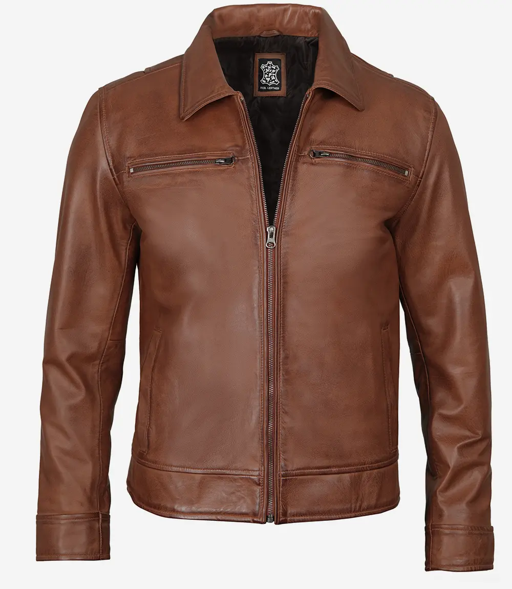 Mens Classic Shirt Collar Cognac Leather Jacket