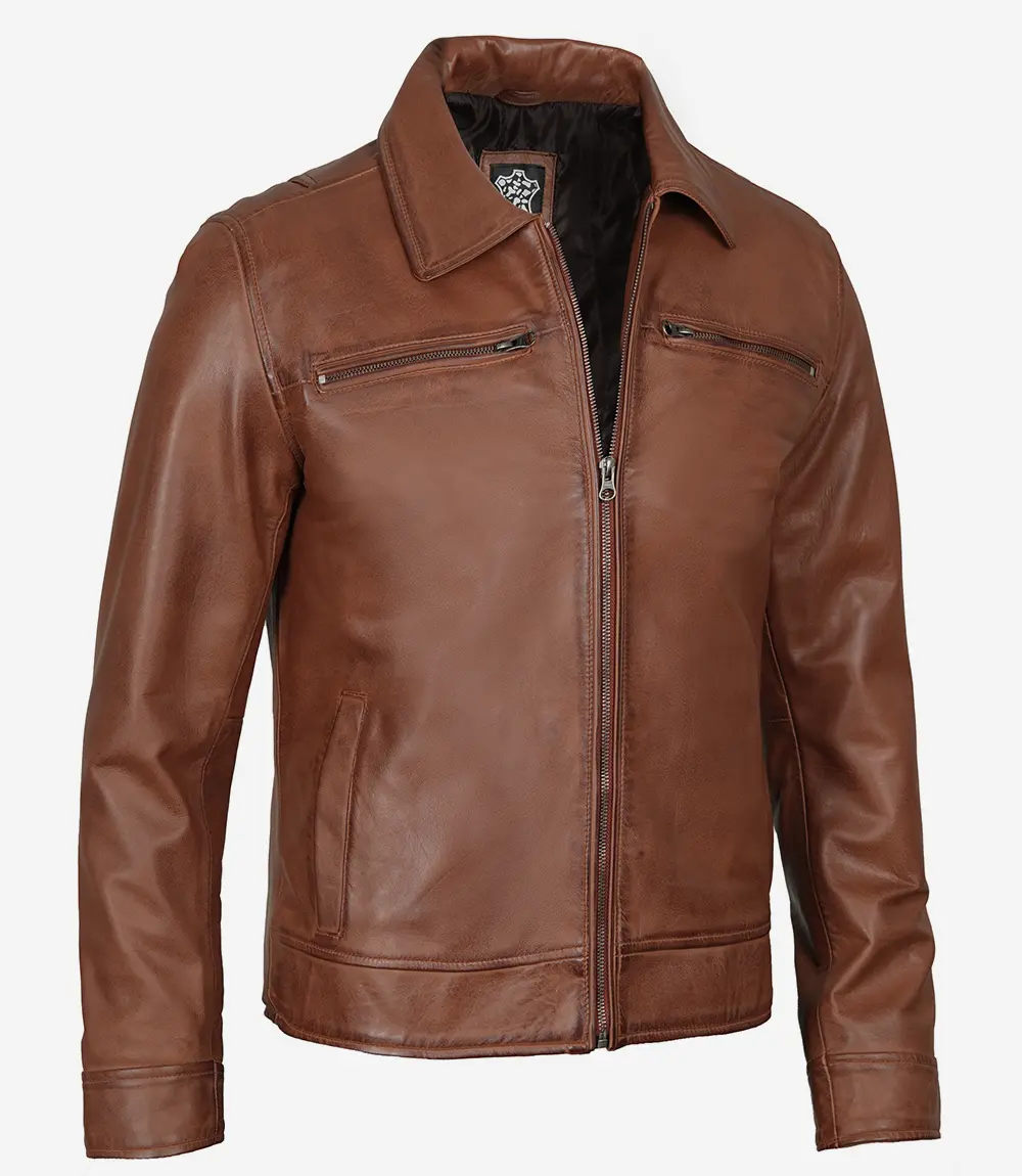 Mens Classic Shirt Collar Cognac Leather Jacket