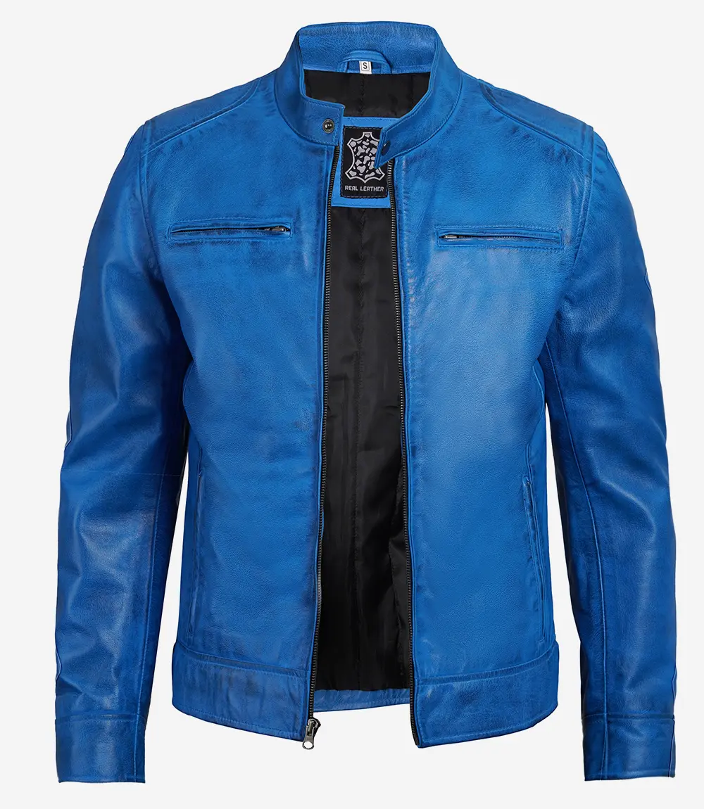 Mens Real Lambskin Leather Blue Cafe Racer Jacket