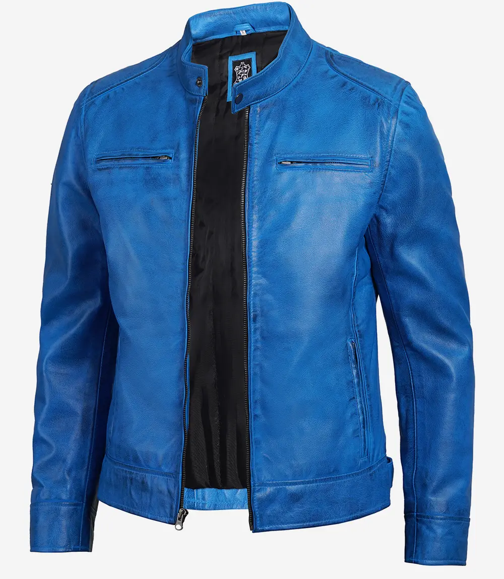 Mens Real Lambskin Leather Blue Cafe Racer Jacket