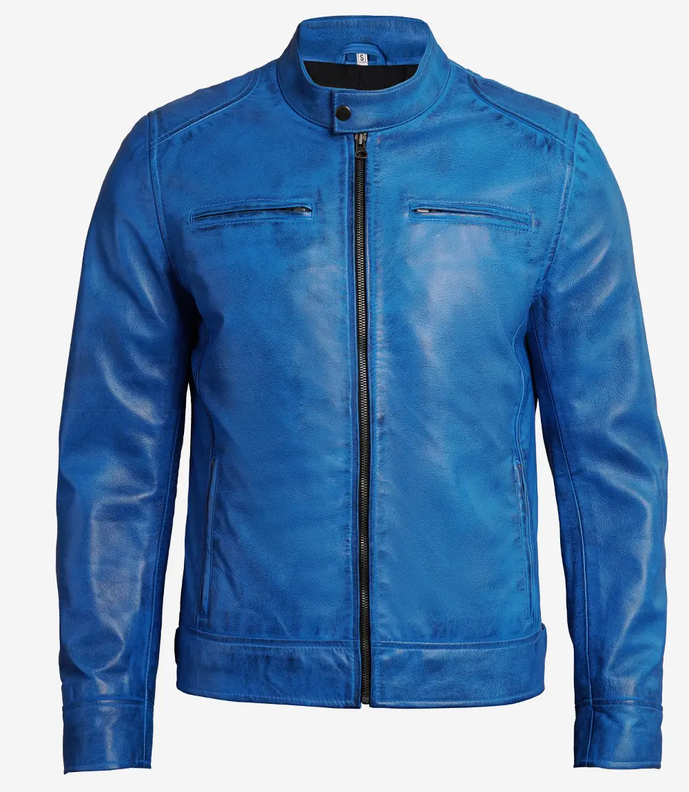 Mens Real Lambskin Leather Blue Cafe Racer Jacket