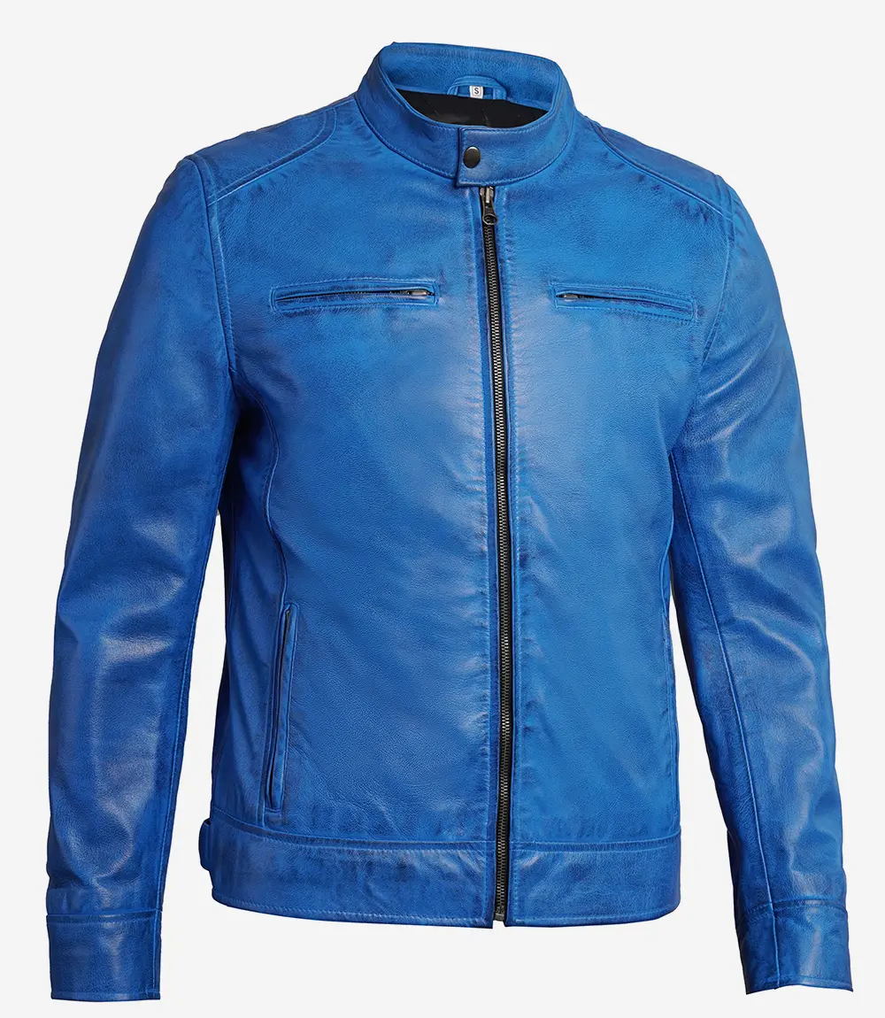 Mens Real Lambskin Leather Blue Cafe Racer Jacket