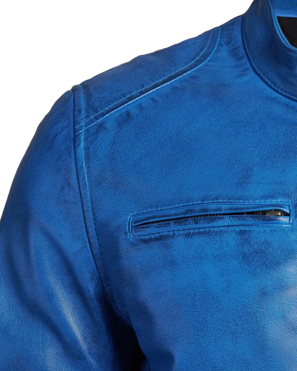 Mens Real Lambskin Leather Blue Cafe Racer Jacket