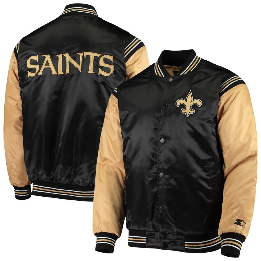 Men's Starter Black/Gold New Orleans Saints Enforcer Satin Full-Snap - Varsity Jacket