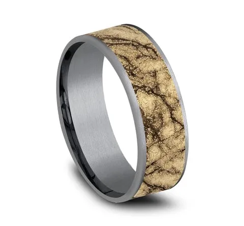 Men's Wedding Band, 7.5MM Marbled 14K Yellow Gold and Tantalum