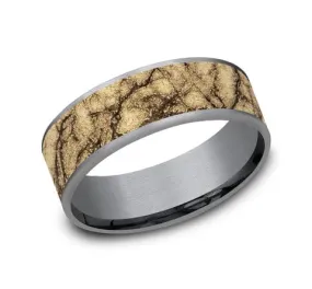 Men's Wedding Band, 7.5MM Marbled 14K Yellow Gold and Tantalum