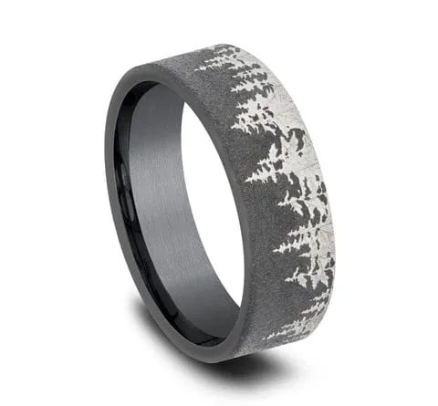 Men's Wedding Band, 8MM Darkened Tantalum with Treeline Pattern