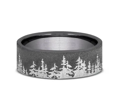 Men's Wedding Band, 8MM Darkened Tantalum with Treeline Pattern