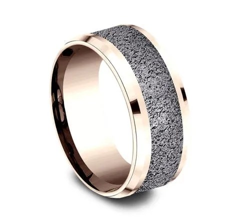 Men's Wedding Band, 9MM Textured Tantalum with 14K Rose Gold