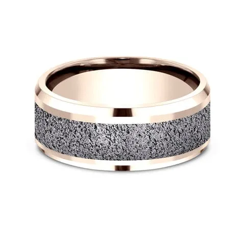 Men's Wedding Band, 9MM Textured Tantalum with 14K Rose Gold