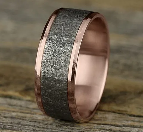 Men's Wedding Band, 9MM Textured Tantalum with 14K Rose Gold