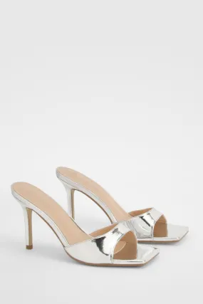 Metallic Patent Square Toe Heeled Mules