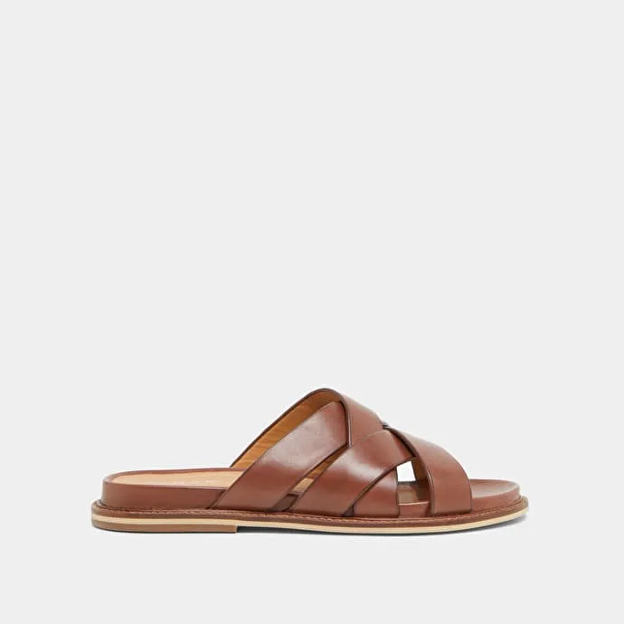 Mules with wide straps in cognac leather