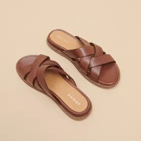 Mules with wide straps in cognac leather