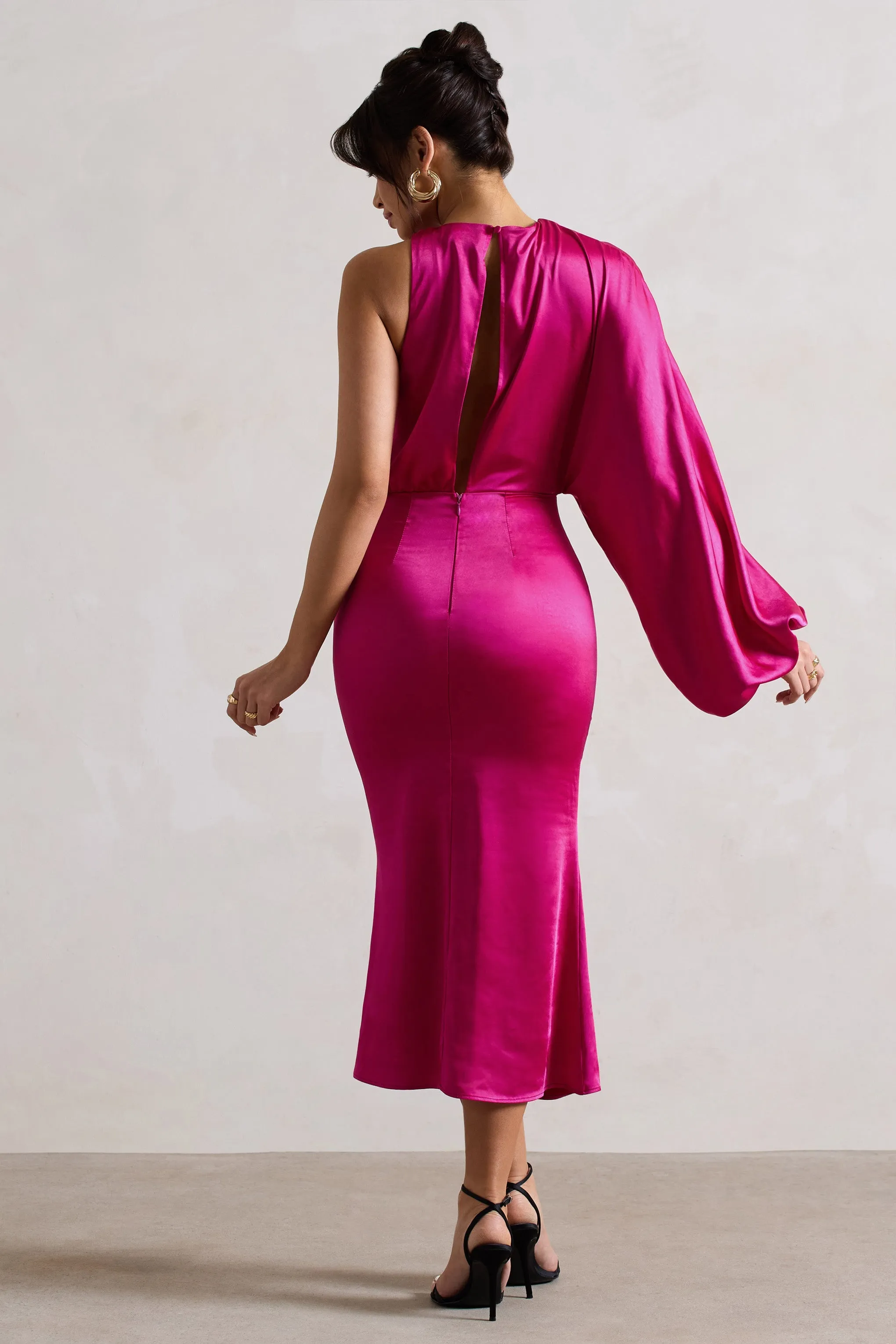 Nola One-Sleeve Pink Satin Midi Dress