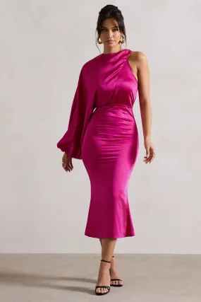 Nola One-Sleeve Pink Satin Midi Dress