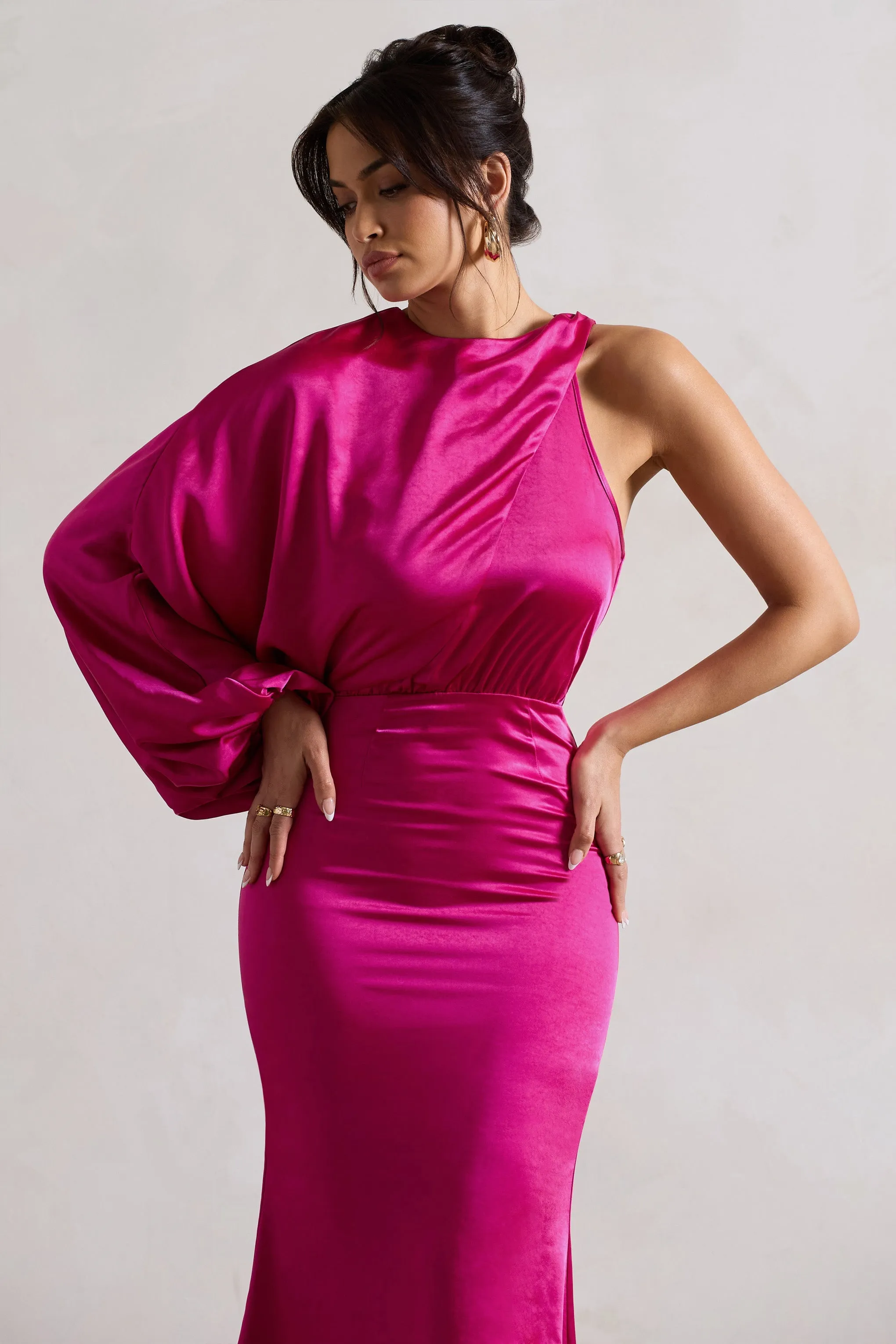 Nola One-Sleeve Pink Satin Midi Dress