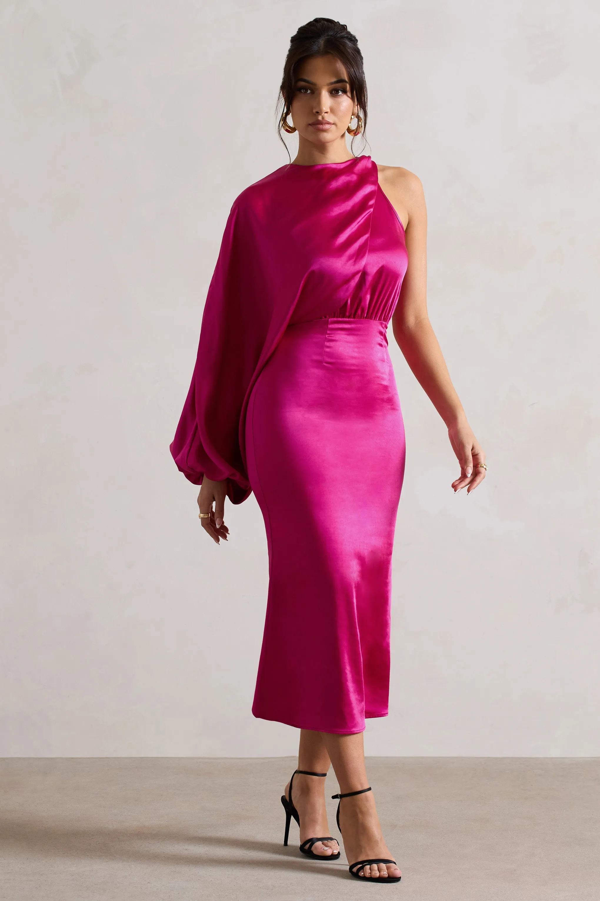 Nola One-Sleeve Pink Satin Midi Dress