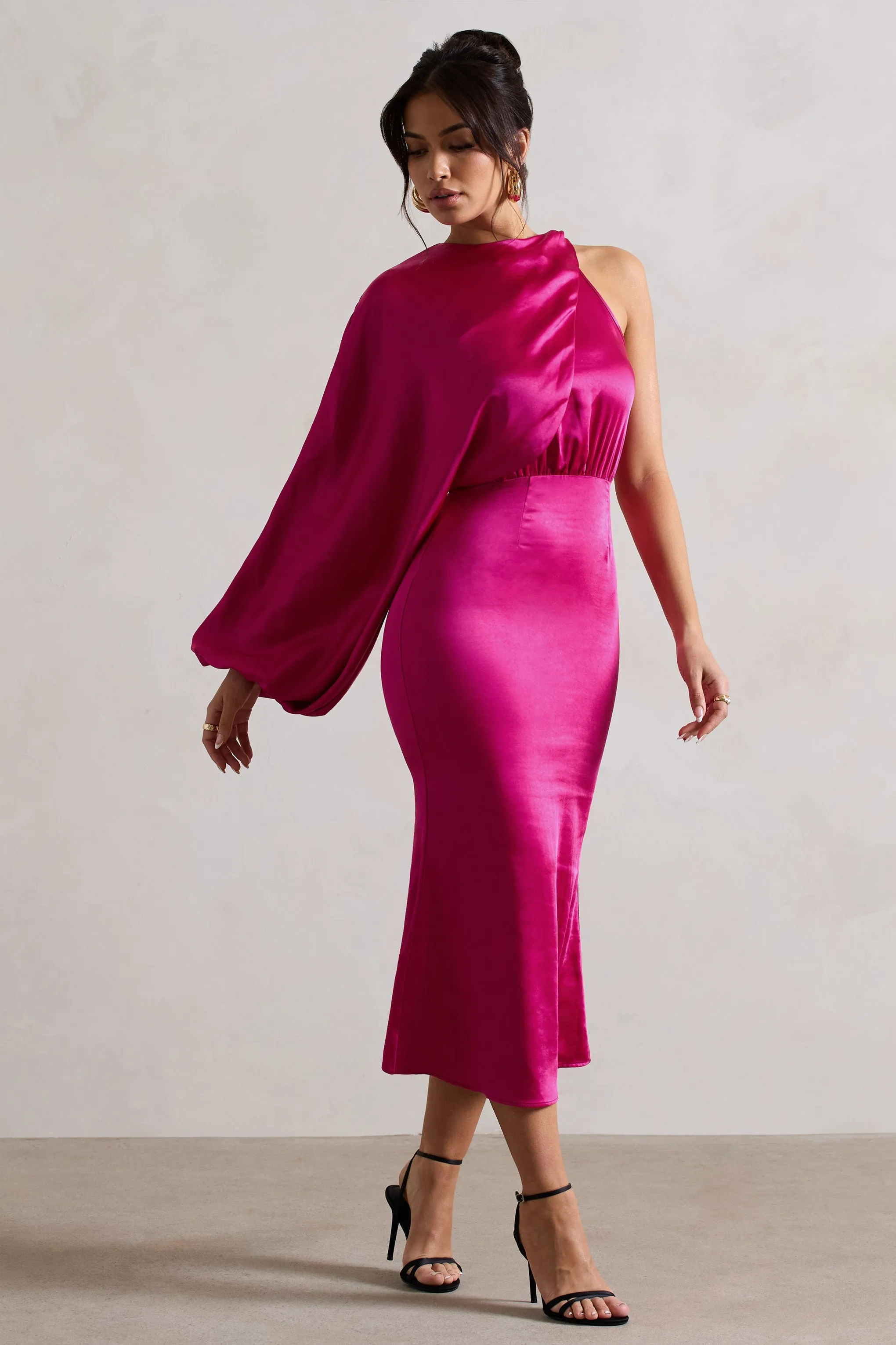 Nola One-Sleeve Pink Satin Midi Dress