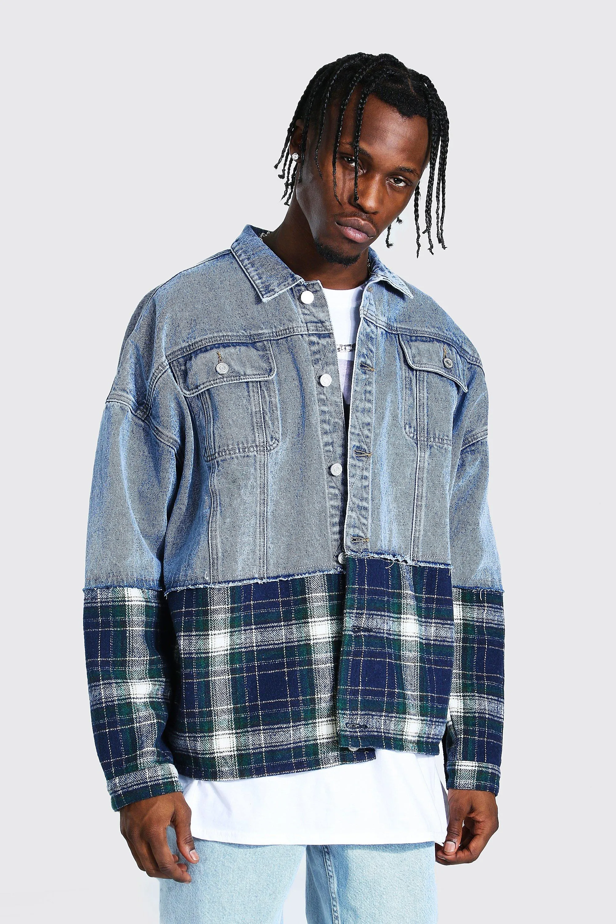 Oversized Check Mix Denim Jacket