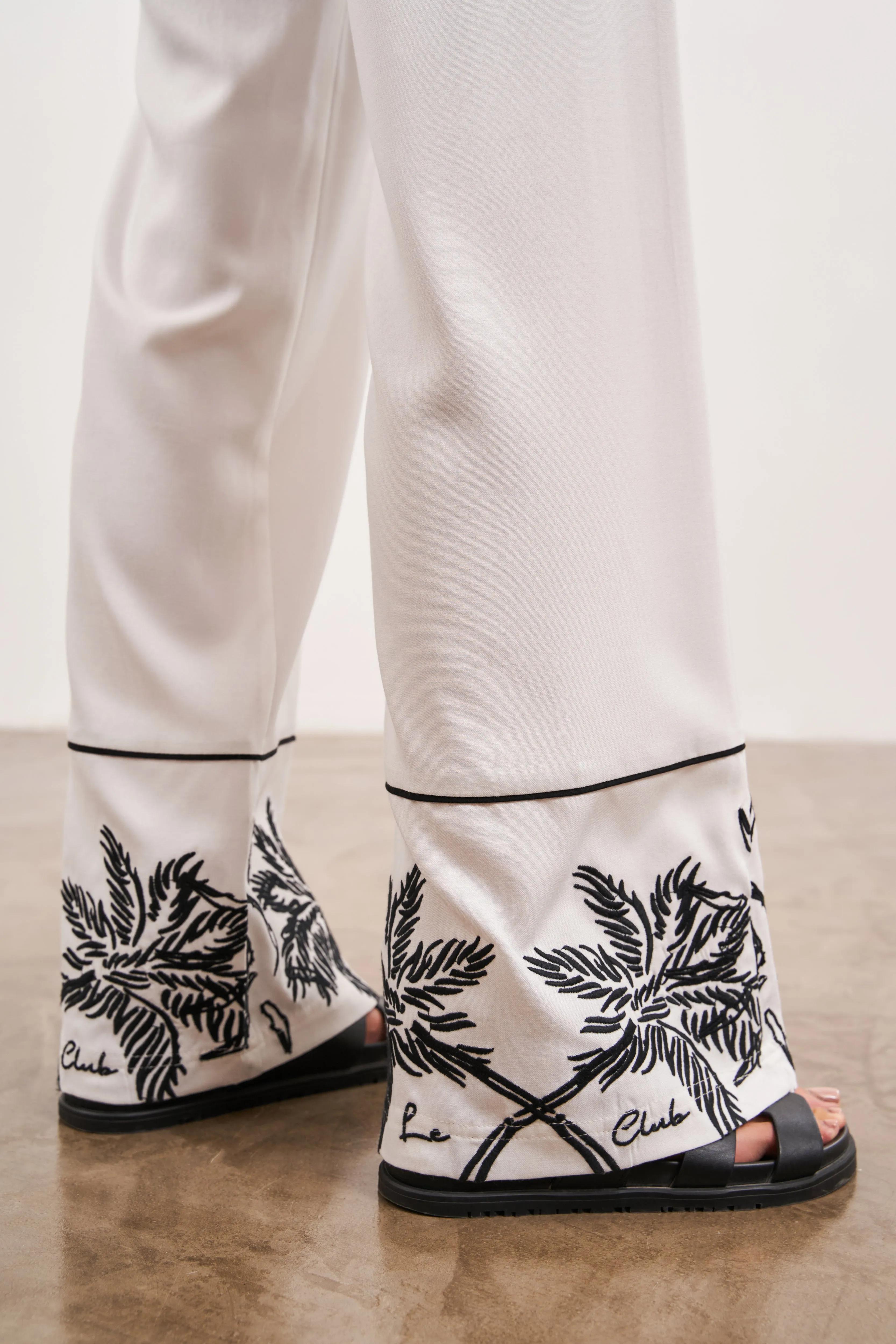 PALM EMBROIDERY WIDE LEG TROUSERS - WHITE