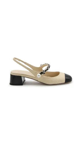 Tan Black Patent Leather and Raffia Slingback Pumps