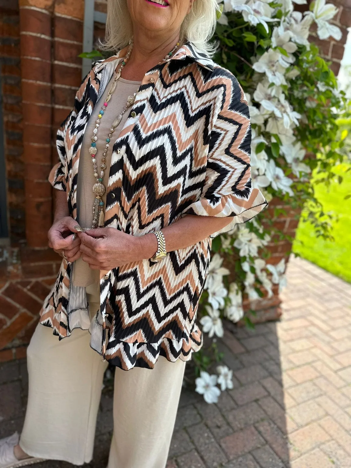 Katie Pleated Frill Shirt with Patterned Design