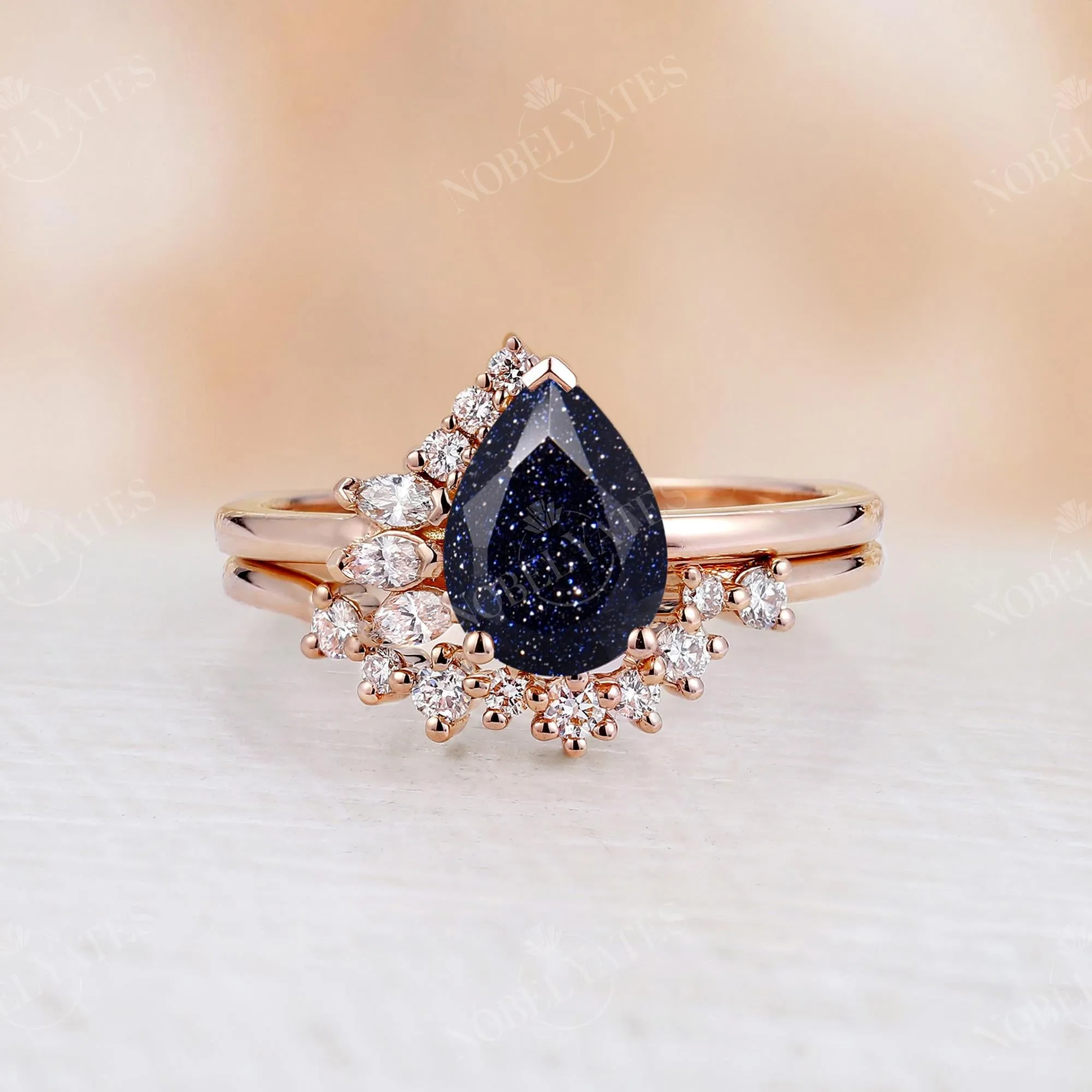 Pear Lab Blue SandStone Cluster Diamond Bridal set Rose Gold