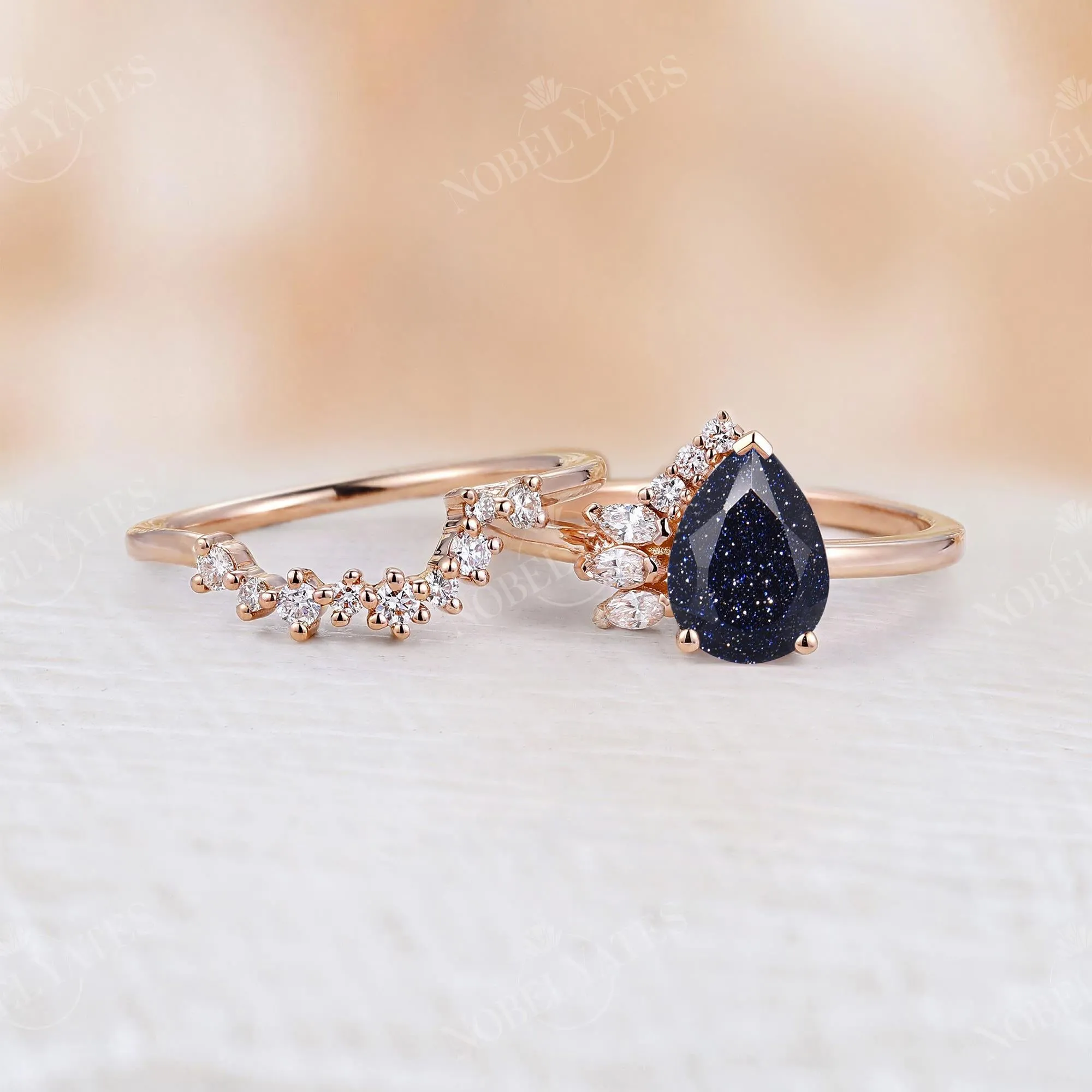 Pear Lab Blue SandStone Cluster Diamond Bridal set Rose Gold