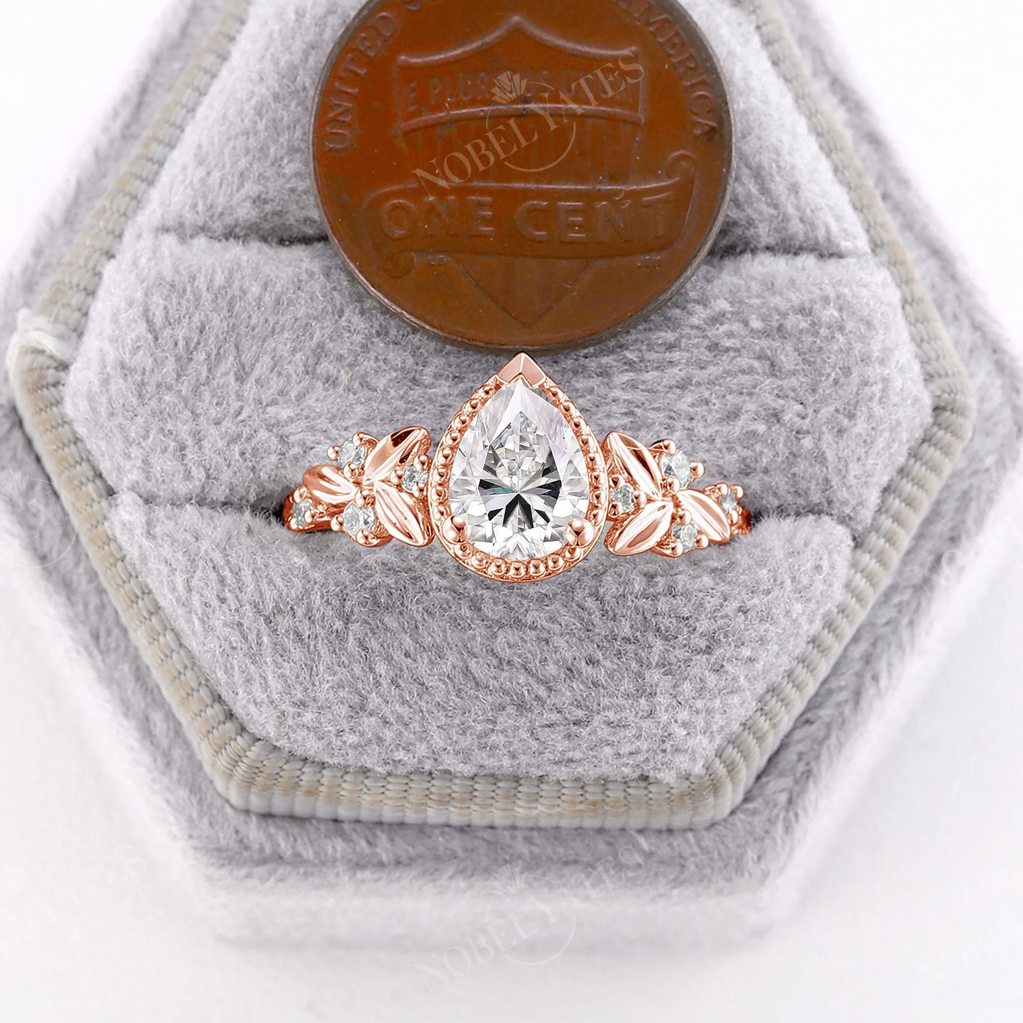 Pear Moissanite Nature Leaf Rose Gold Engagement Ring Prong Set