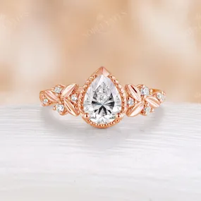 Pear Moissanite Nature Leaf Rose Gold Engagement Ring Prong Set