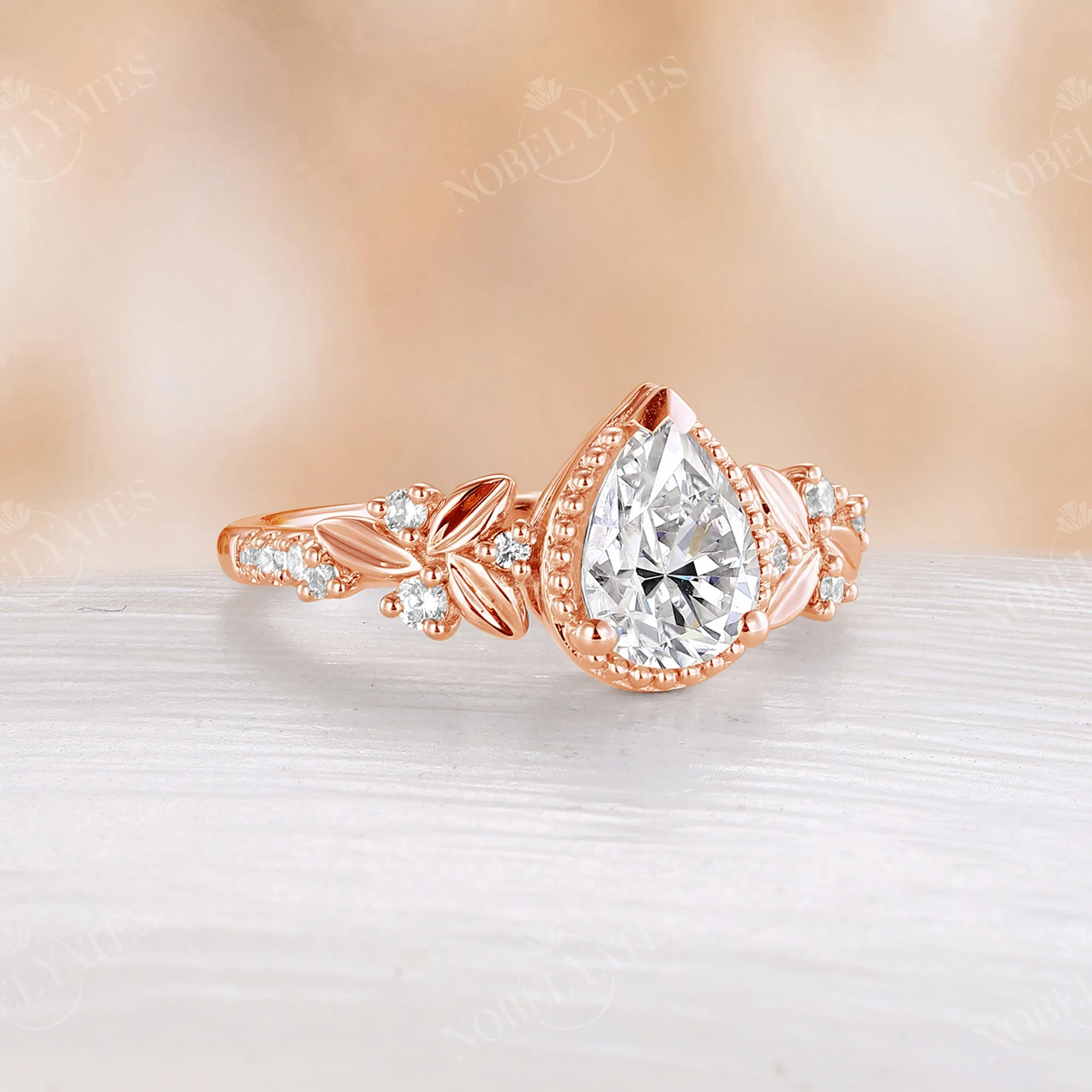 Pear Moissanite Nature Leaf Rose Gold Engagement Ring Prong Set