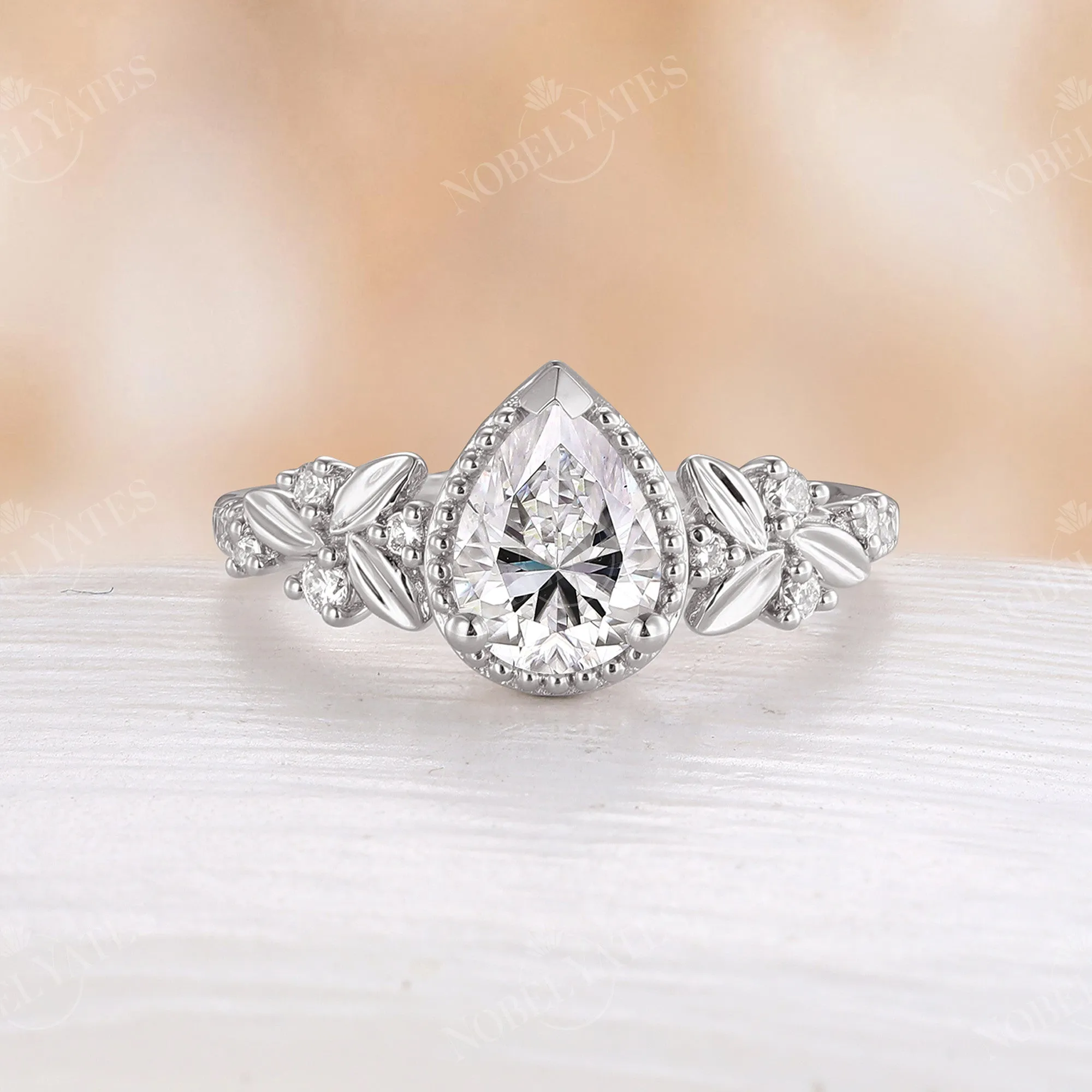 Pear Moissanite Nature Leaf Rose Gold Engagement Ring Prong Set