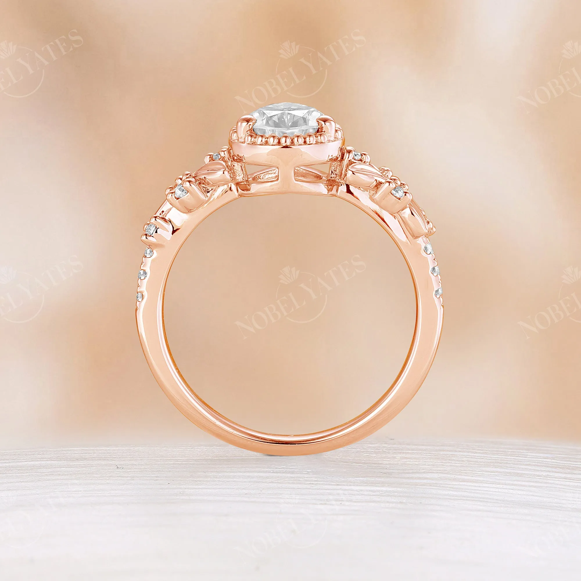 Pear Moissanite Nature Leaf Rose Gold Engagement Ring Prong Set